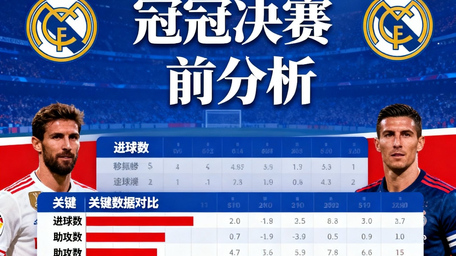 2025年欧冠决赛赛前分析专题封面图，展示对阵双方队徽和关键球员数据对比